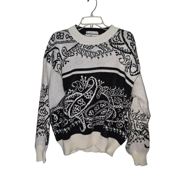 Vintage 80s Black & White Paisley Knit Wool Blend Sweater Large Holiday Retro - Picture 1 of 3